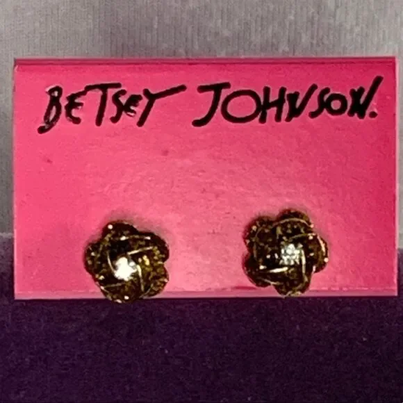 NWT Betsey Johnson Gold Glittler Rose Earrings - Picture 3 of 4